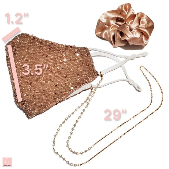Rosegold glitter mask with pearl chain & scrunchie - Picture 2 of 5